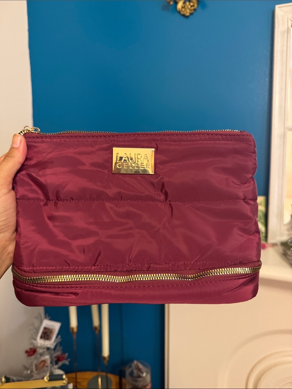 Laura Geller Quilted Cosmetic Pouch in Burgundy with Gold Accents
